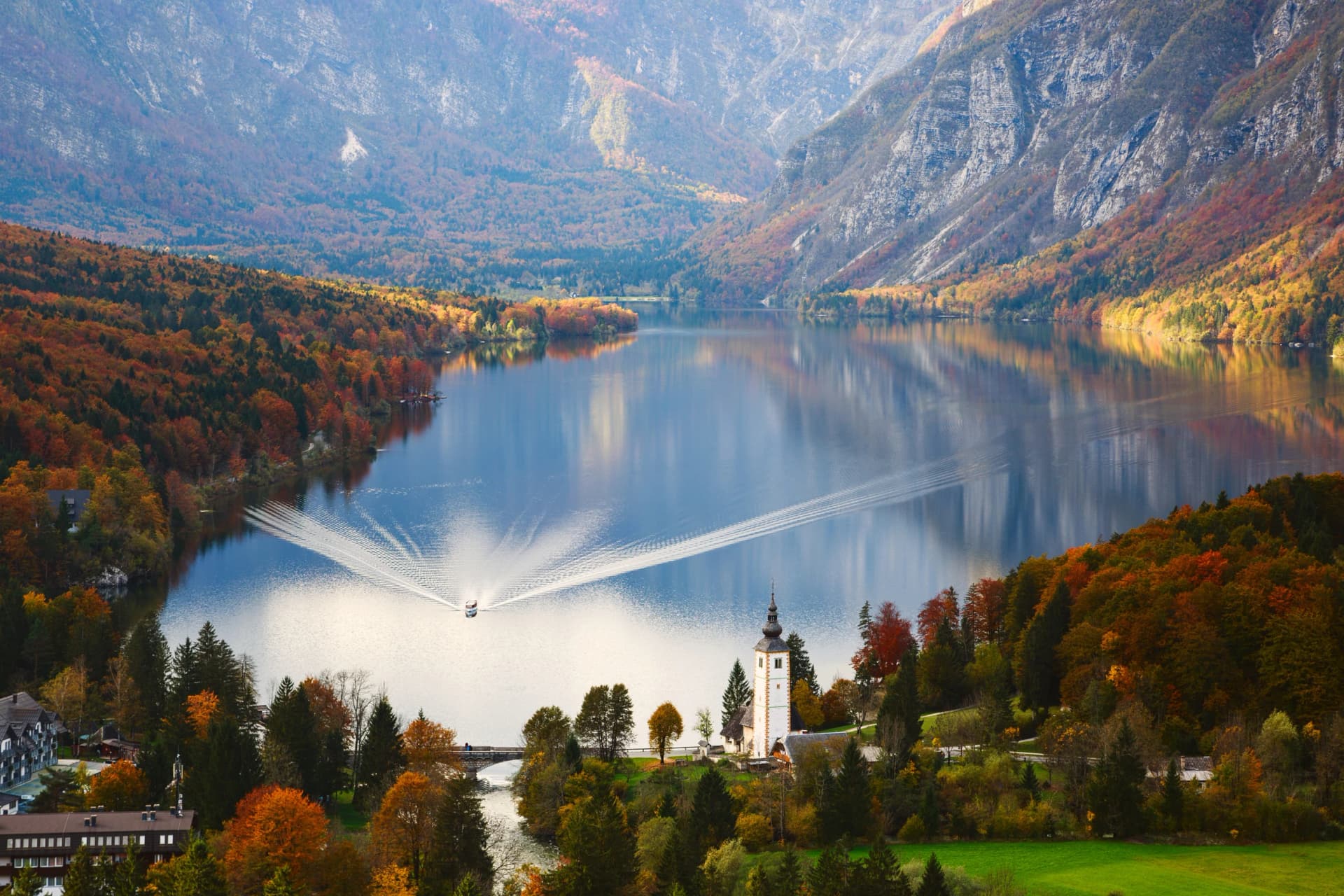 Aerial view of Bohinj lake in Julian Alps, Slovenia