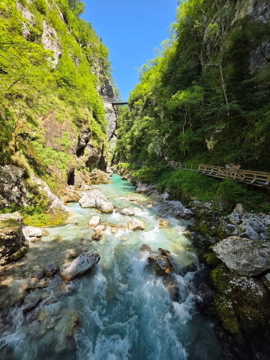 Turquoise river flowing through a rocky mountain gorge with wooden boardwalks and lush green forests.