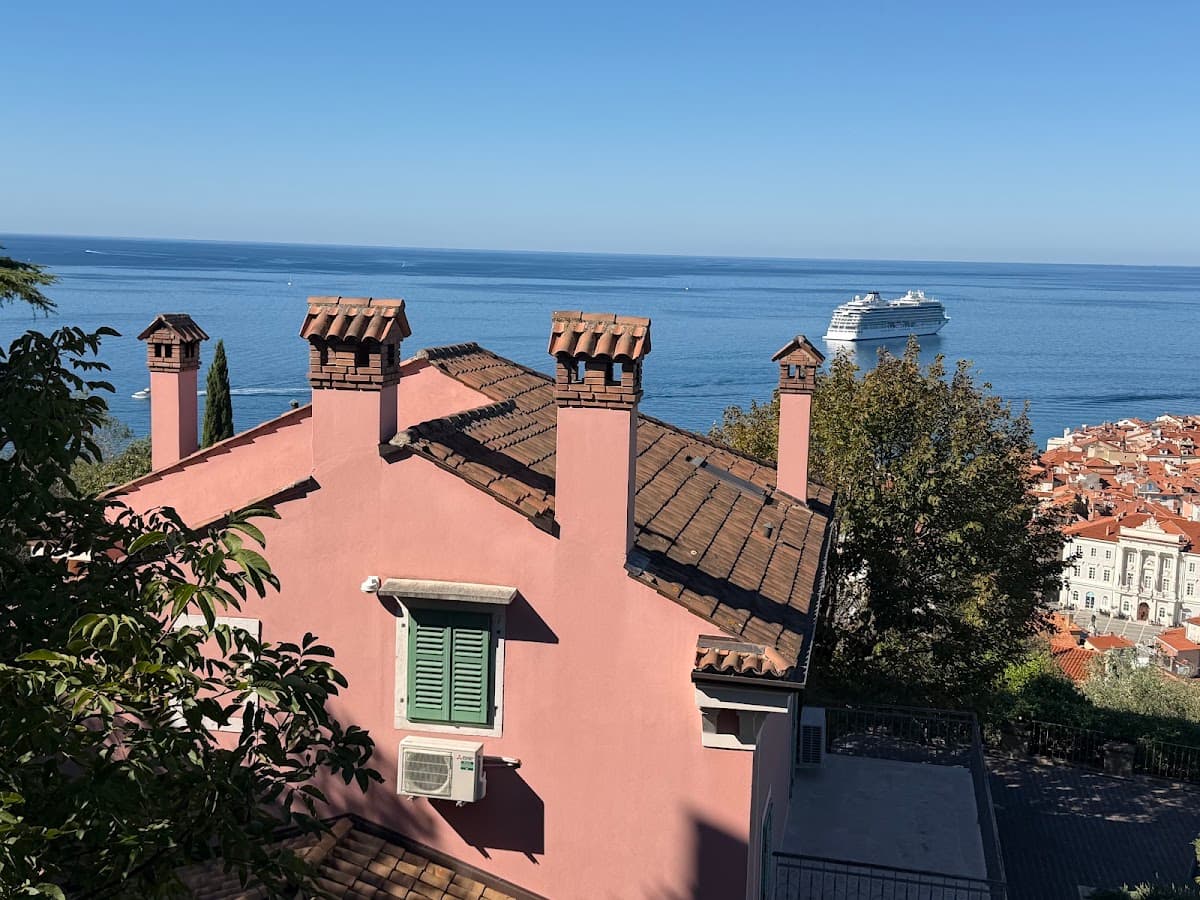 Pink building with chimneys overlooking the sea and cruise ship