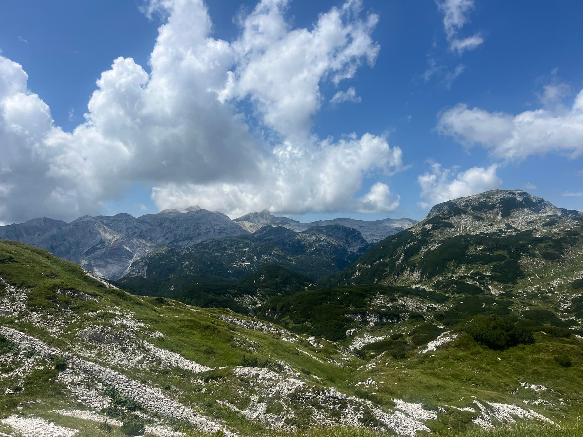 Alpine meadow with green hills and rocky mountains under a summer sky with clouds
