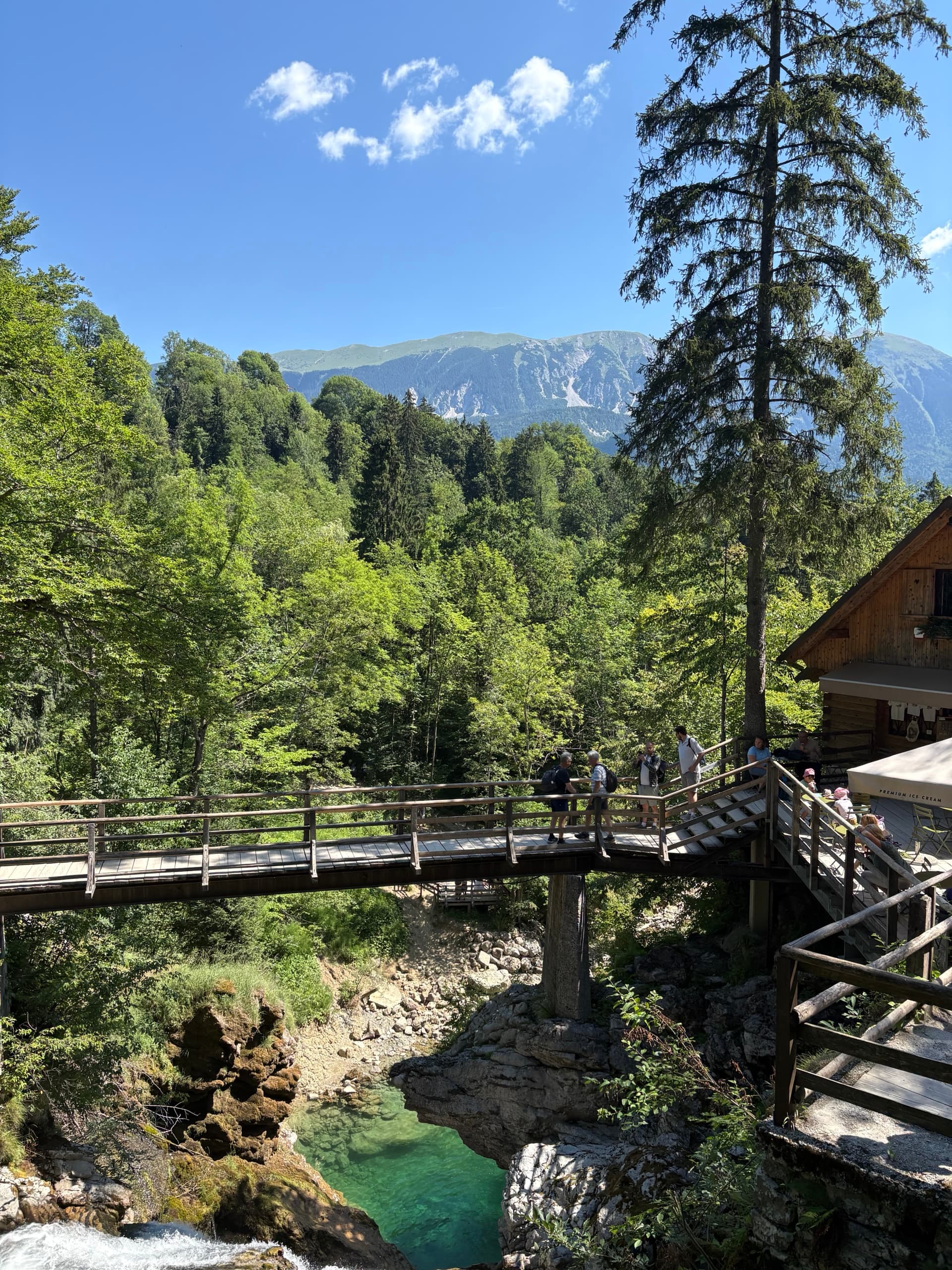 Wooden footbridge over a rocky gorge with turquoise water and forested mountains