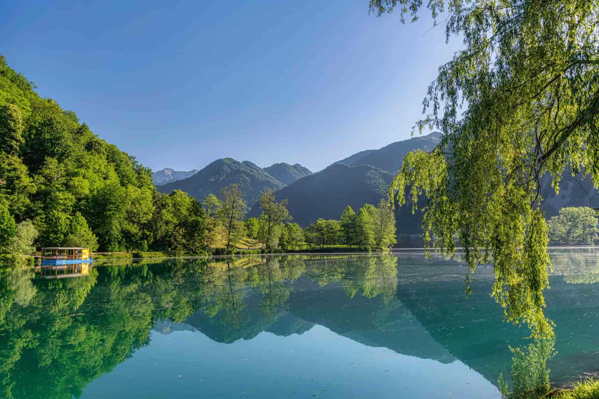 Postcard from Slovenia. Picturesque view from Most na Sochi town in Soca valley